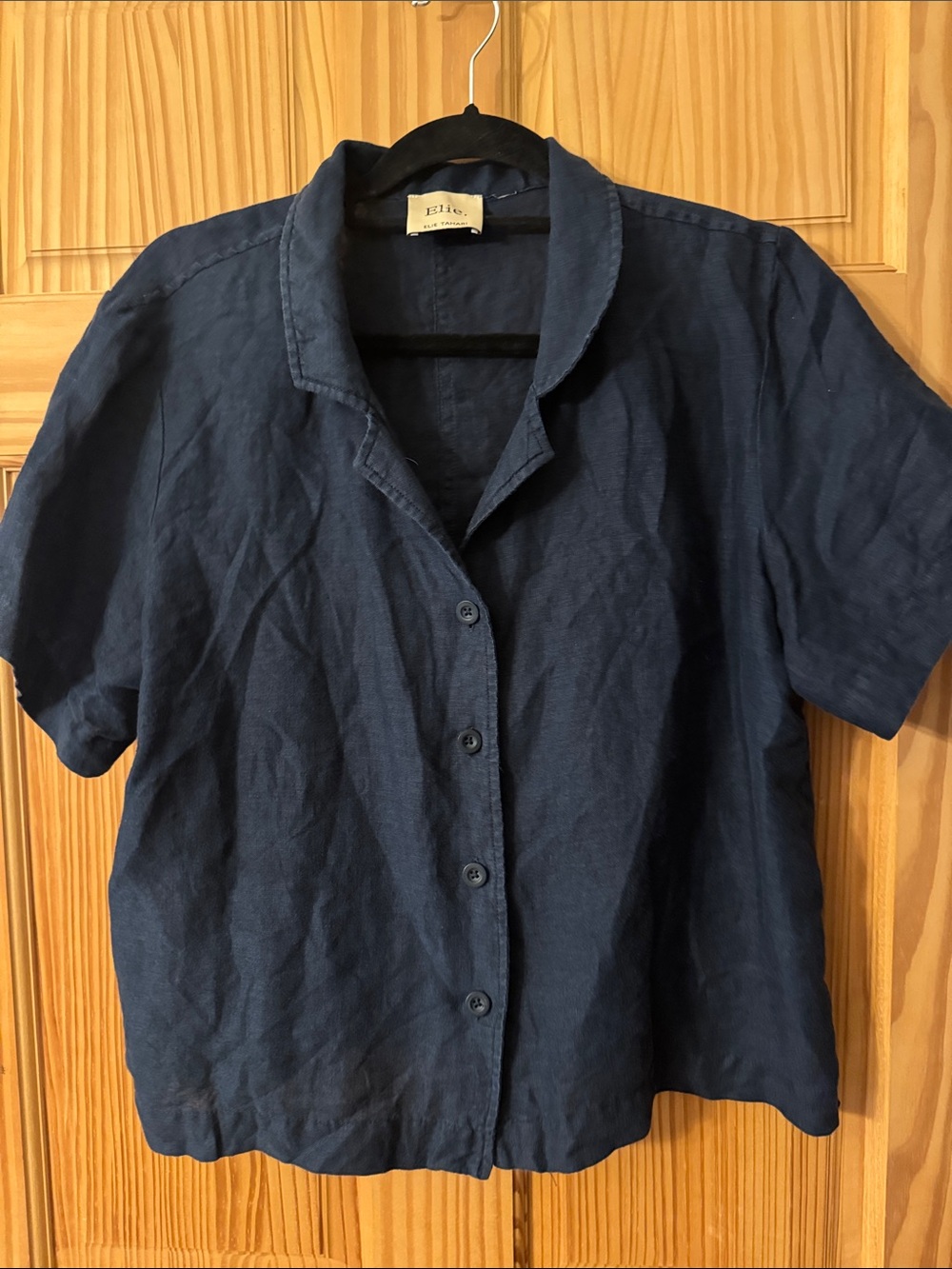 Elie Tahari Navy Linen Short-Sleeve Button Down Shirt - Picture 3 of 4